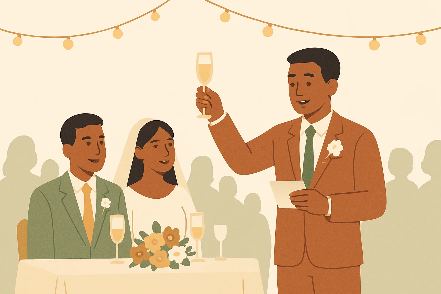 A best man raising a champagne glass and holding a note card while giving a toast beside the seated newlyweds at a reception table, string lights and a blurred crowd behind him