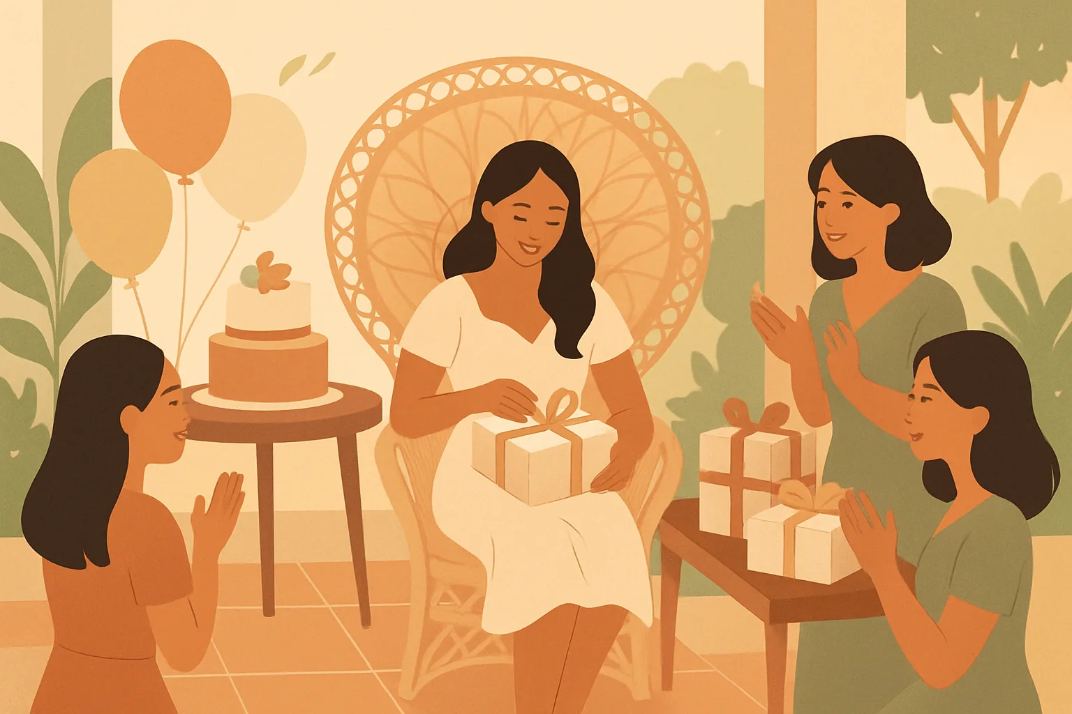A small group of women at a home bridal shower, gift table with wrapped presents and a bride opening a gift on a rattan chair, soft garden light
