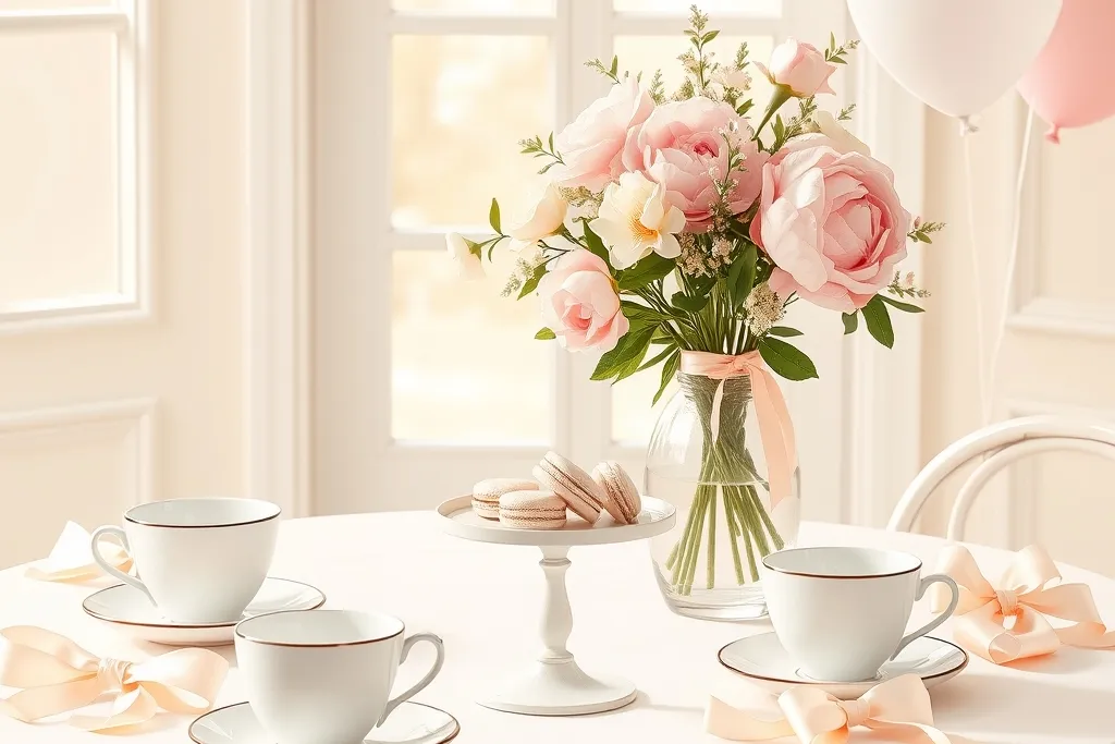 White tea cups, a cake stand of macarons and pink peonies tied with a ribbon on a pastel shower table