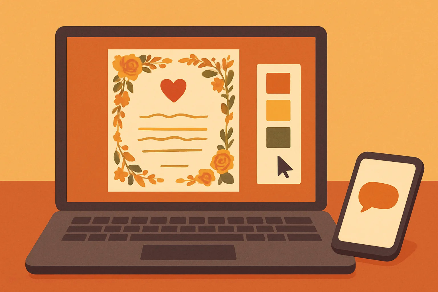 Flat vector illustration of a wedding invitation card being designed on a laptop, with a color palette and a phone showing a chat icon beside it