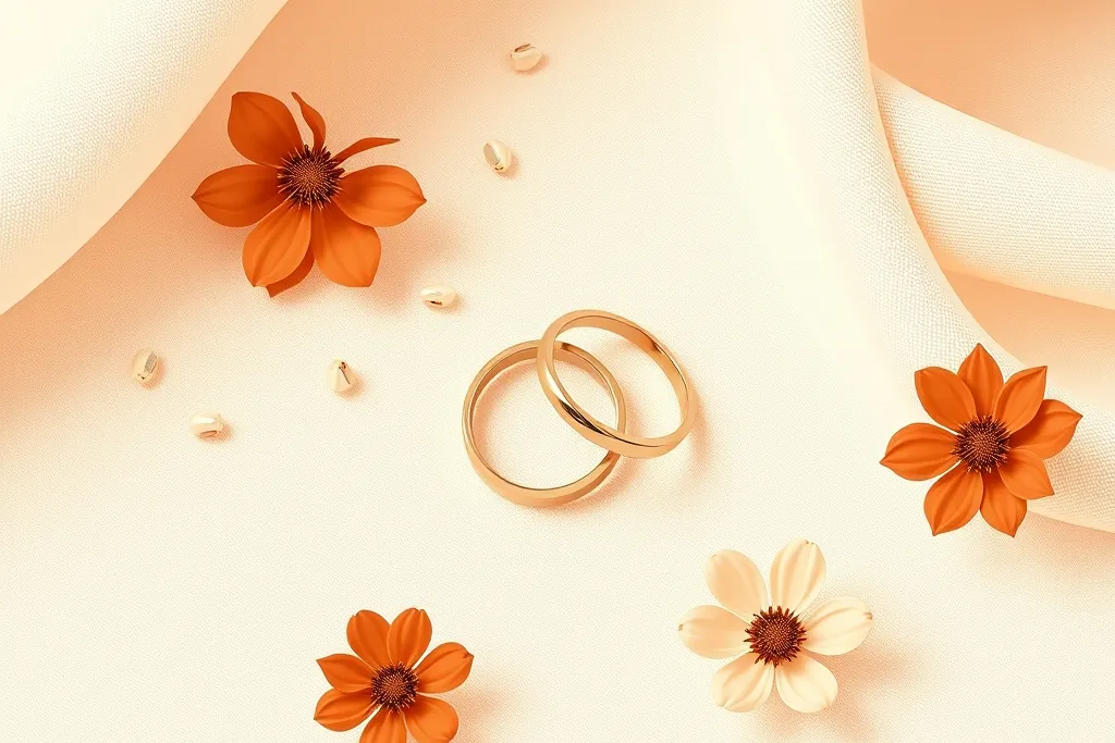 Two wedding rings resting on cream linen with soft white flowers, warm natural light