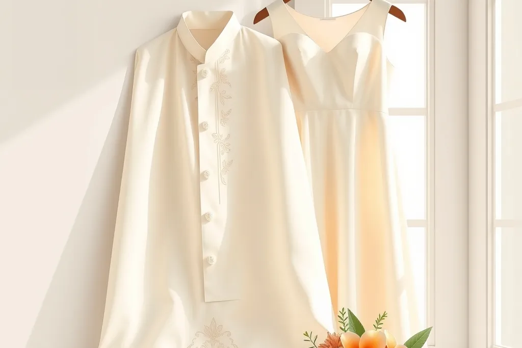 Folded ivory barong Tagalog fabric with delicate embroidery next to a simple ivory dress on a hanger, soft natural light