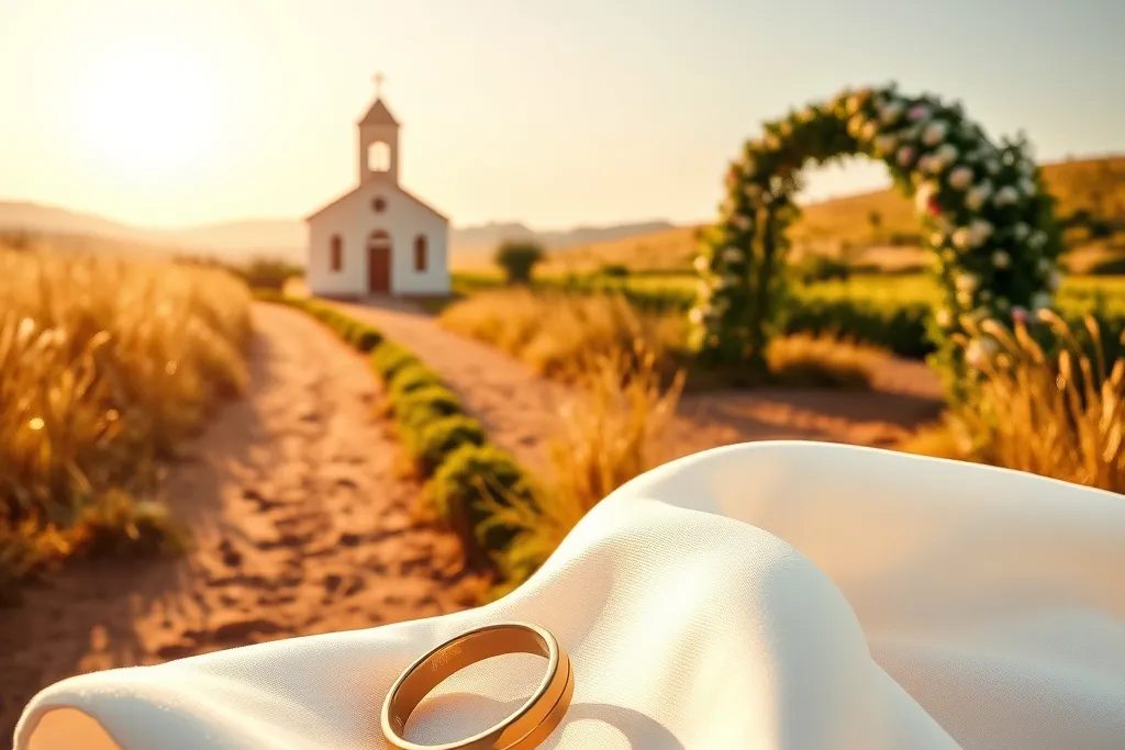 Two paths in a sunlit field, one leading to a small white church and one to a flowered garden arch, with a gold ring on ivory fabric in the foreground
