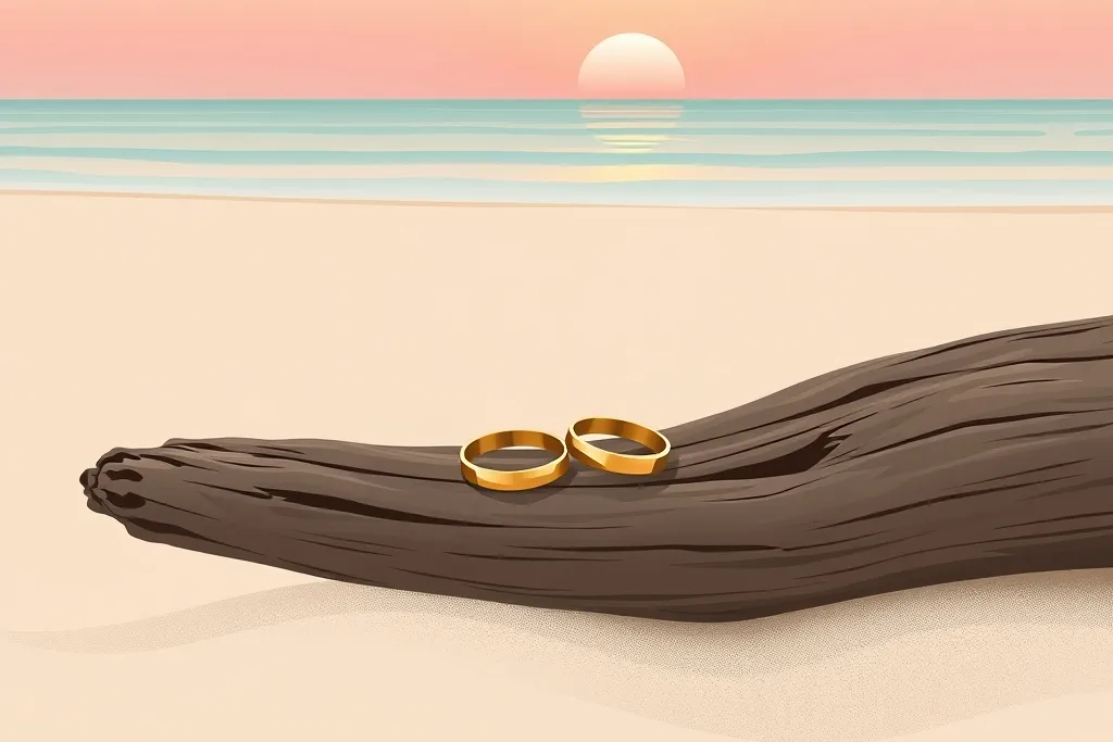 Two gold wedding rings resting on weathered driftwood on pale sand, with a calm sea and a pink sunrise behind