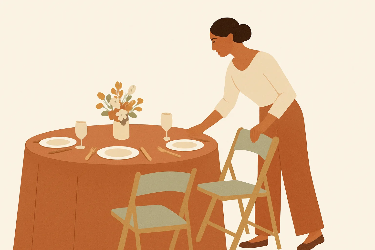 A wedding reception coordinator quietly adding one extra chair to a round table already set with place settings
