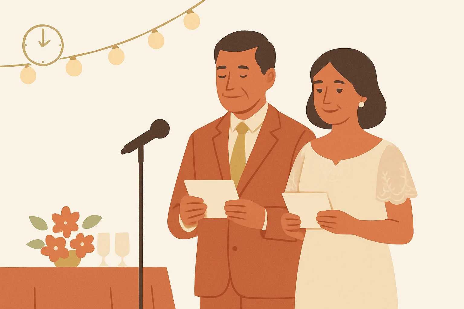 A father of the bride and a mother of the bride standing together at a reception table, each holding a note card, with a microphone stand and a small clock nearby