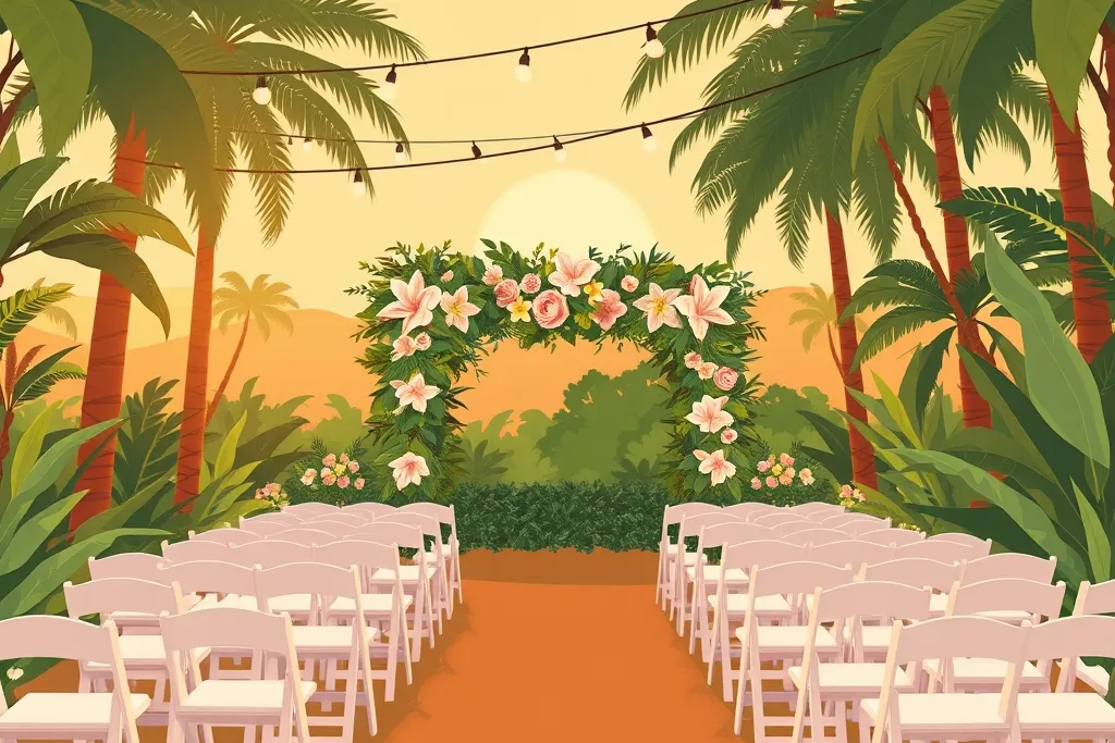 Flat vector illustration of a tropical garden wedding ceremony at golden hour, with white folding chairs facing a flower arch and string lights strung between palm trees