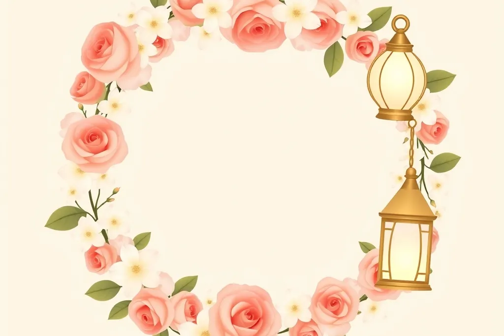 Ring of blush roses and white sampaguita blossoms with a small golden lantern on a cream background