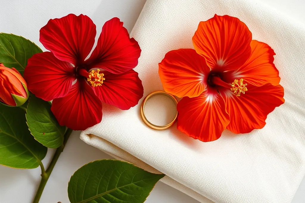 A gold wedding ring on a folded cream linen napkin between red and orange hibiscus flowers