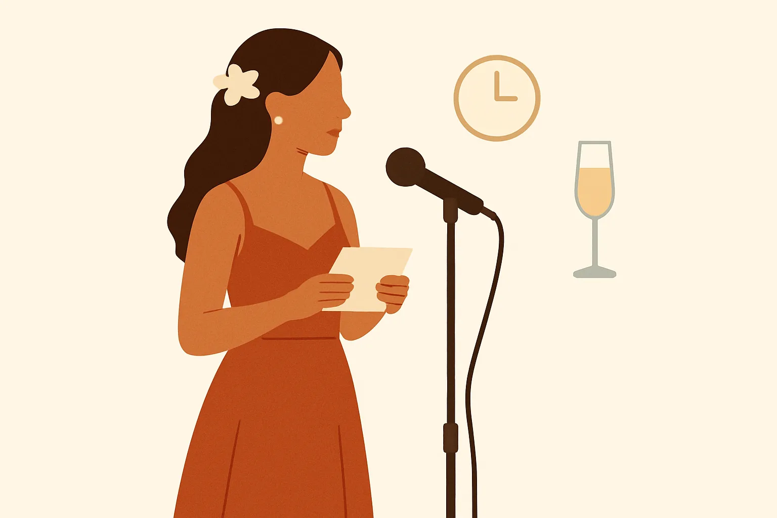 A maid of honor standing at a reception table holding note cards, a microphone stand nearby and a small clock in the corner