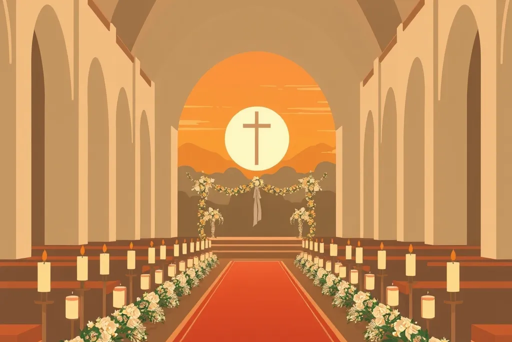 Empty church aisle with candlelight and floral arrangements before a wedding ceremony