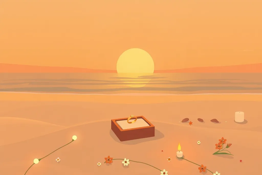 An open ring box on a sandy beach at sunset, with string lights, small flowers and lit candles around it