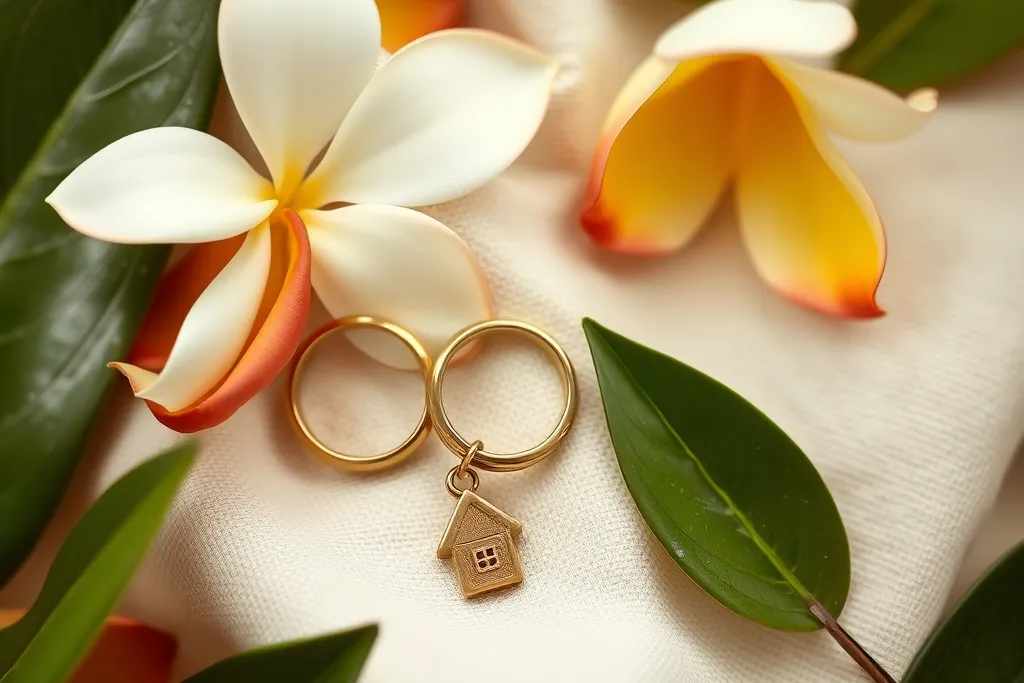Two gold wedding rings and a small house-shaped charm resting on linen with tropical flowers, symbolizing a couple's shared property