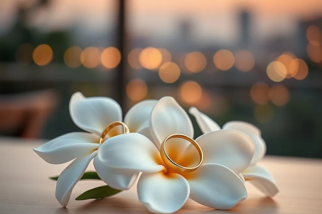Two gold wedding rings resting on white frangipani flowers, with blurred city lights at dusk in the background