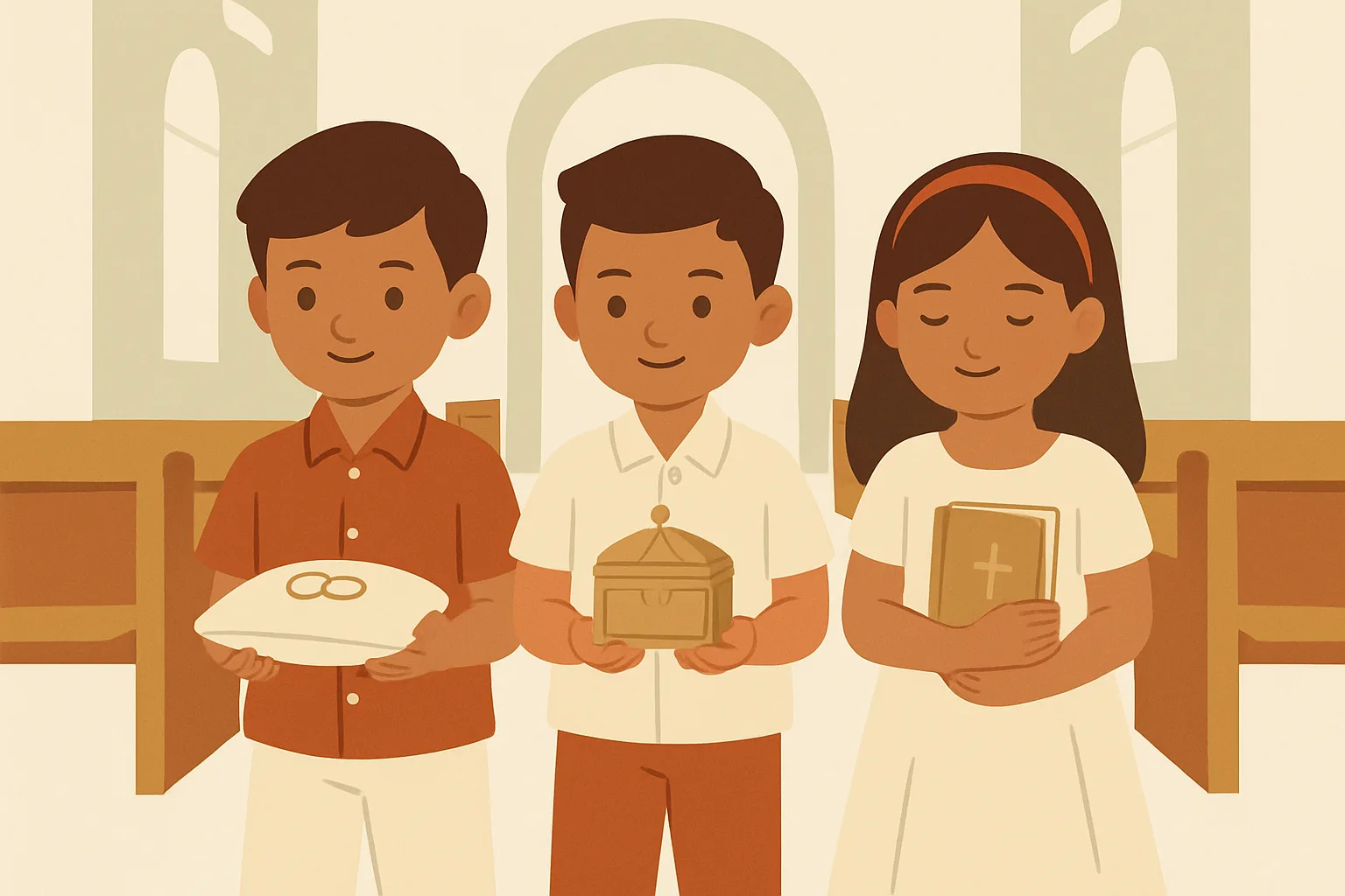 Three young children in a church aisle processional: a boy carrying wedding rings on a pillow, a boy carrying an ornate coin box for the arrhae, and a girl carrying a Bible