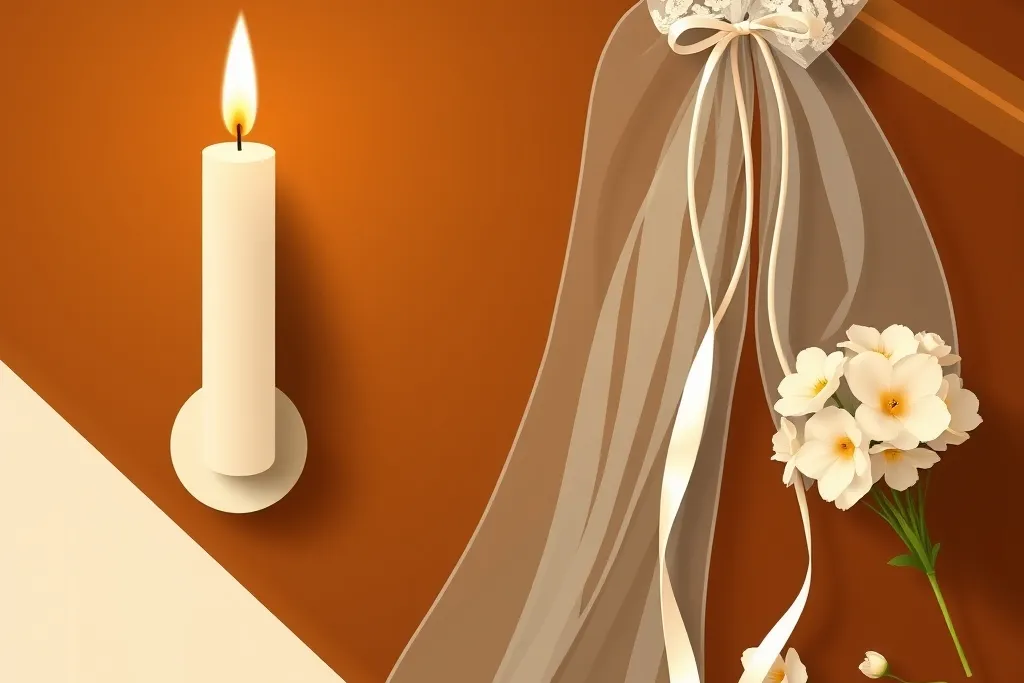 A lit white pillar candle beside a sheer ivory lace veil tied with cream ribbon and white flowers, on a warm terracotta background