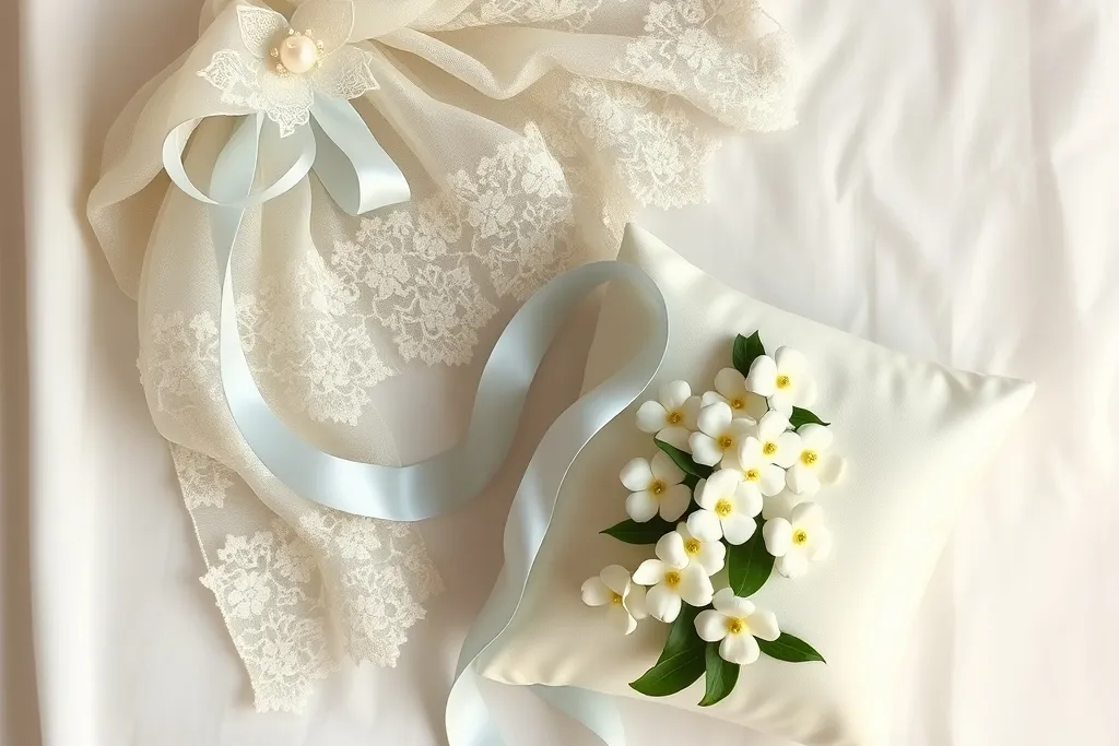 A cream lace veil tied with a pale blue ribbon and a pearl brooch beside a satin cushion topped with white sampaguita flowers