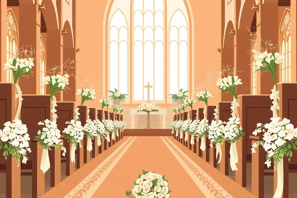 Flat vector illustration of a church aisle with white flower arrangements on the pews, light through tall windows and a bouquet resting on the aisle carpet