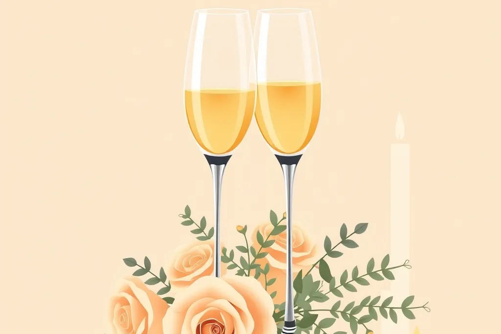 Two champagne flutes touching in a toast beside cream roses and eucalyptus, with a candle in the background