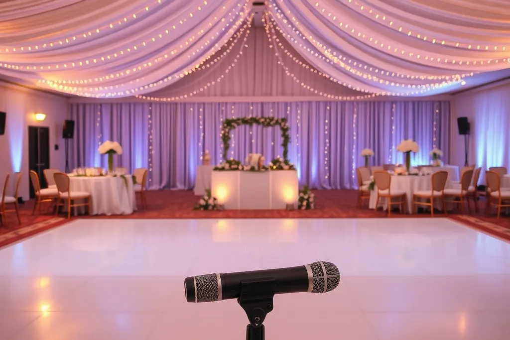Empty softly lit wedding reception hall with draped fabric, string lights, white flower arrangements and a microphone on a stand in front of the dance floor