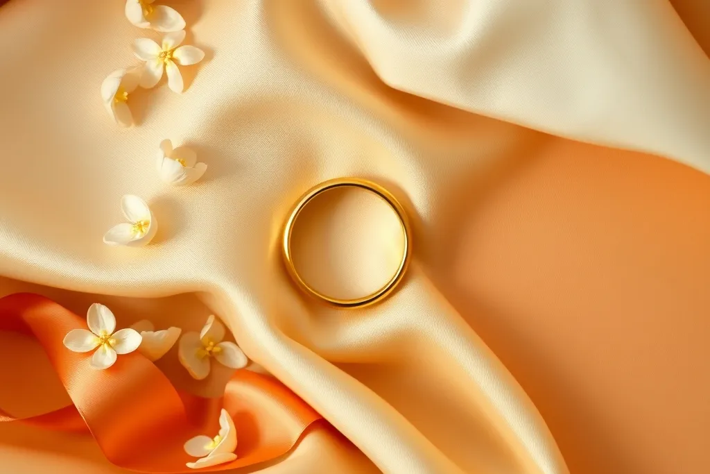 Gold ring on cream satin with white jasmine flowers and an orange ribbon