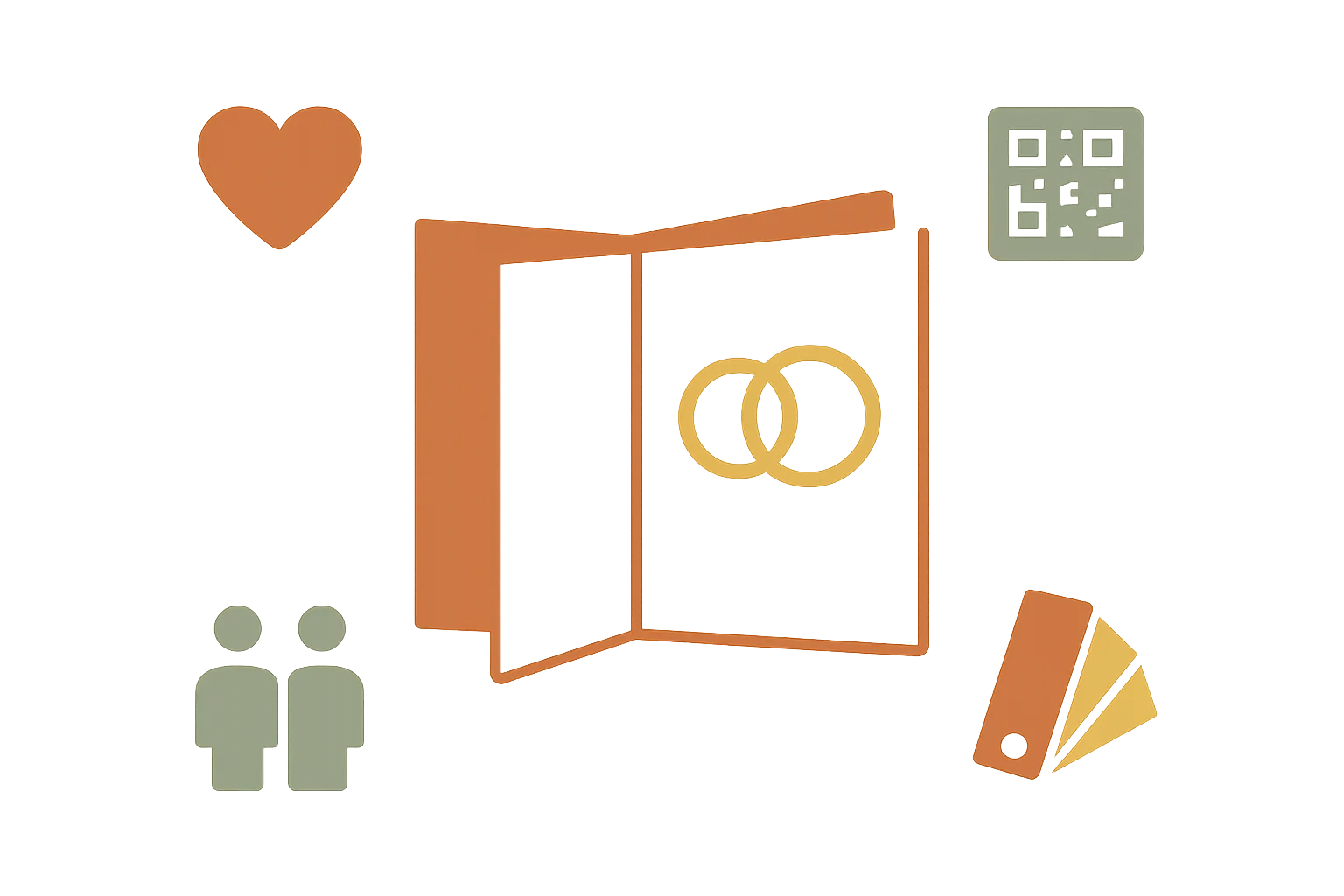Flat vector illustration of an open wedding invitation card with interlocking rings, surrounded by a heart, a QR code pattern, two small figures, and a fan of color-swatch cards