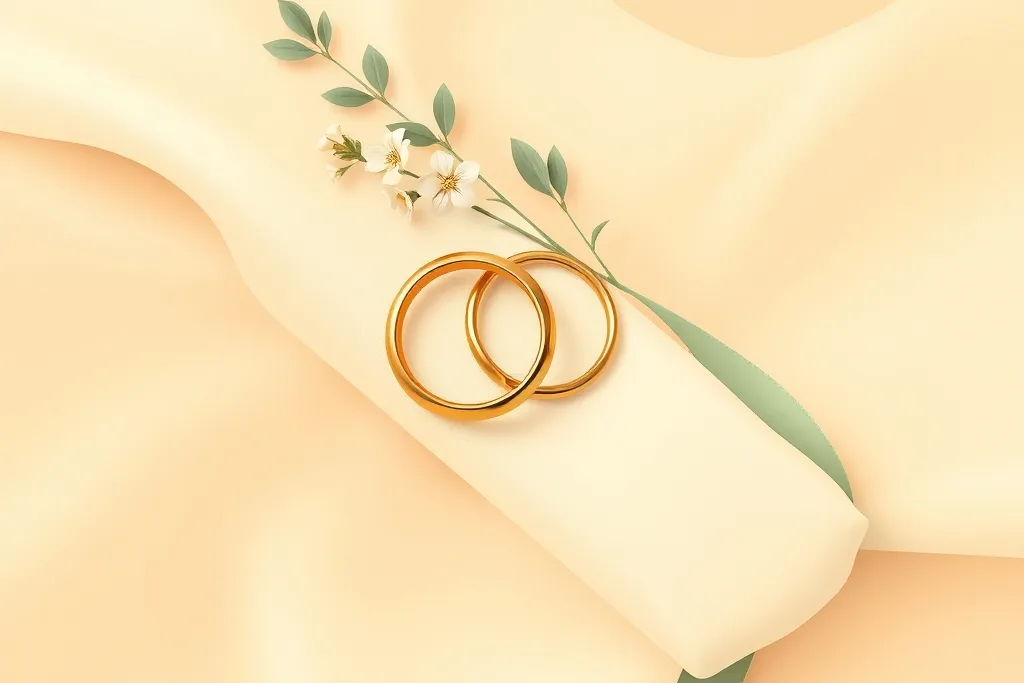 Two linked gold rings resting on cream fabric with a small flower sprig