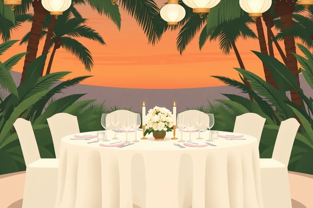 Elegant empty round reception table with ivory linens, white flowers and candles under capiz lanterns in a tropical garden at dusk