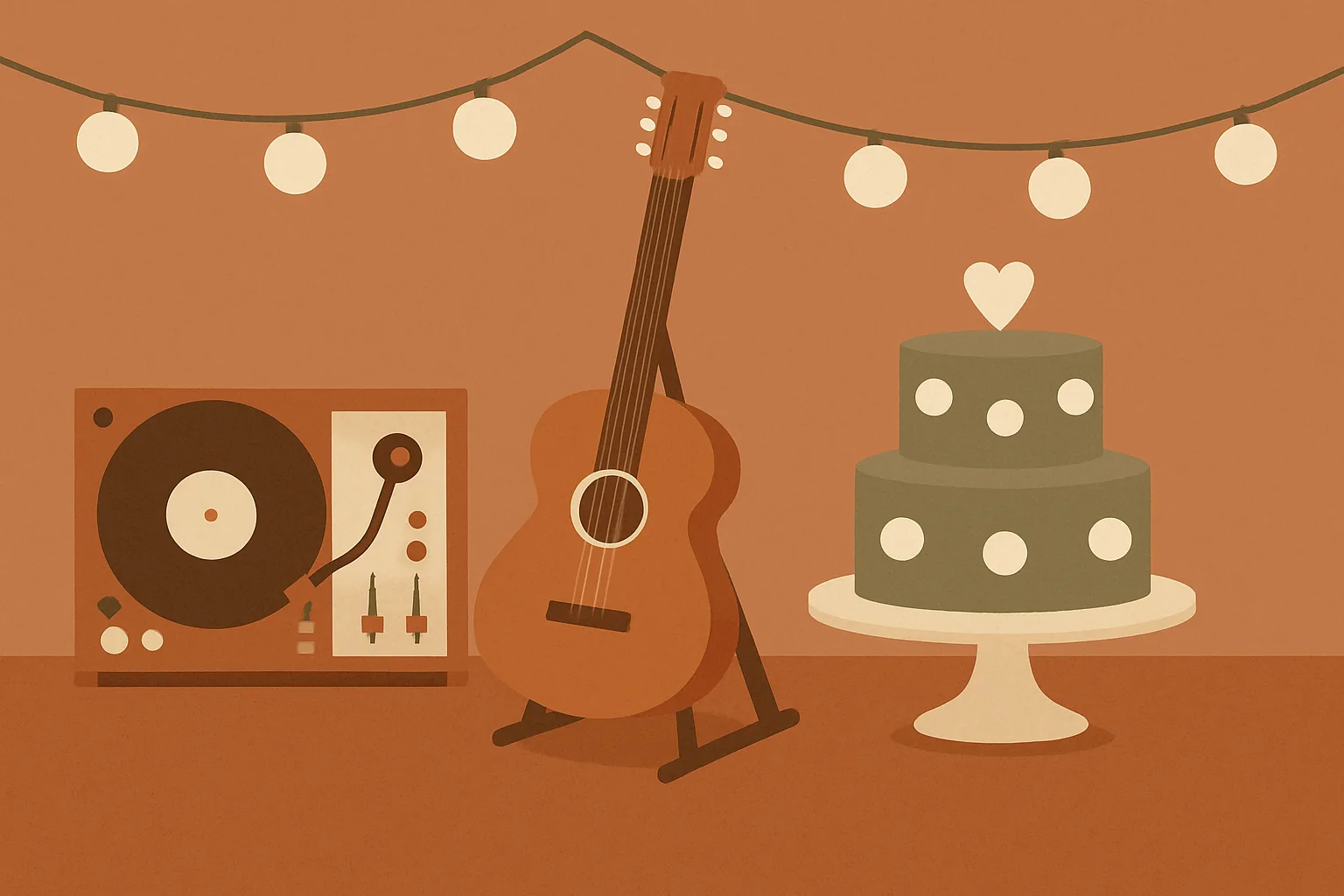 Flat illustration of a Filipino wedding reception music setup: a DJ mixer and speaker, a vinyl record, an acoustic guitar, and a cake stand with string lights, in a warm terracotta and cream palette
