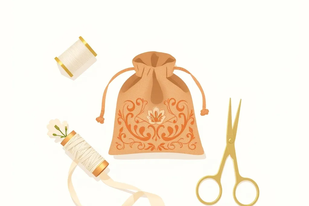 A drawstring pouch with embroidered flowers beside a spool of ivory thread, gold scissors and white sampaguita on a cream background